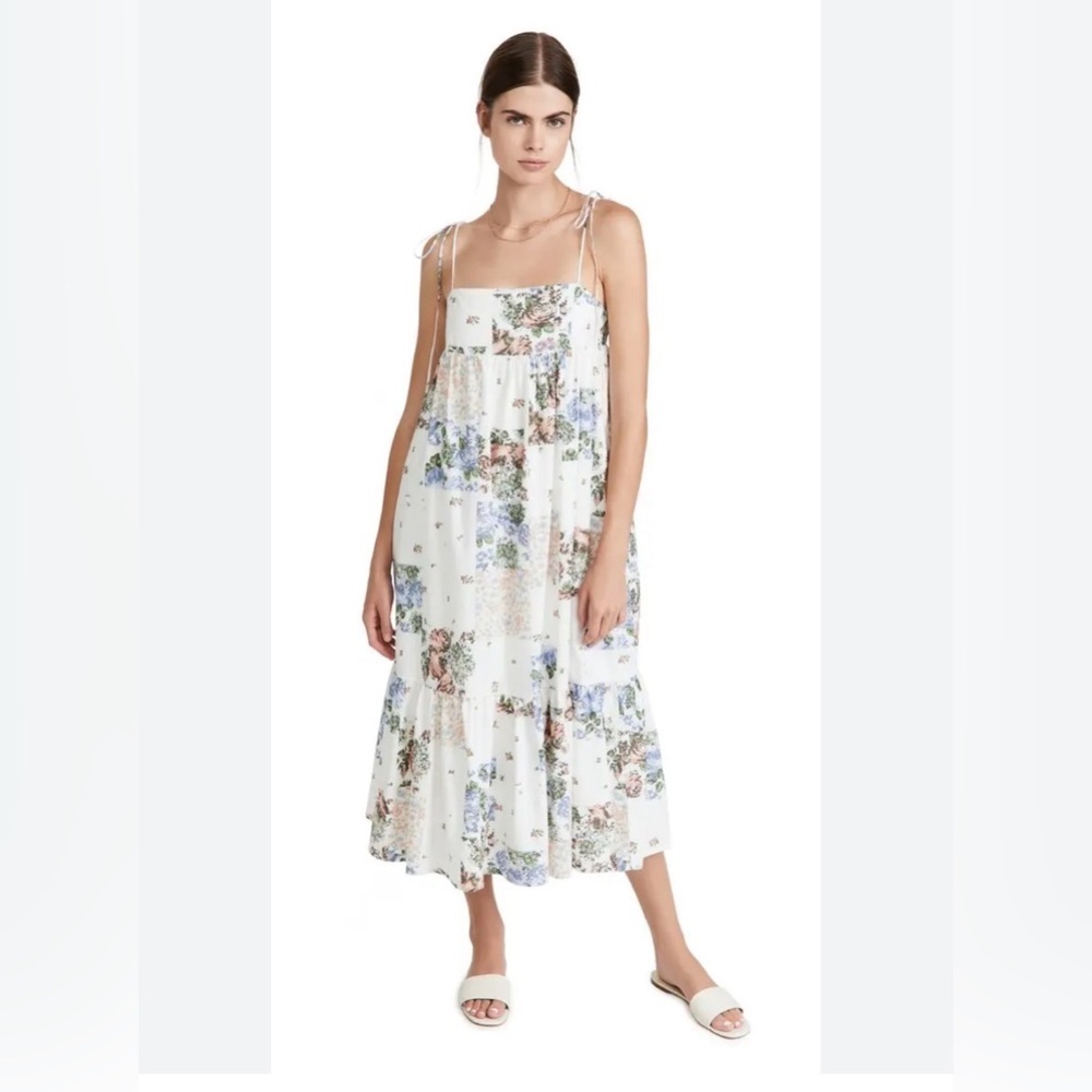 Levi’s Rowen Patchwork Prairie Midi Dress Cottagecore Smocked Tie Strap Cotton